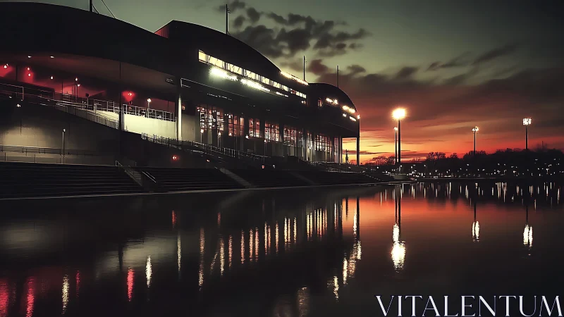 Stadium glow kissing dusk skies over glass-still waters.