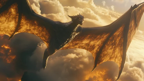 Majestic dragon soaring over glowing sunset clouds sky.