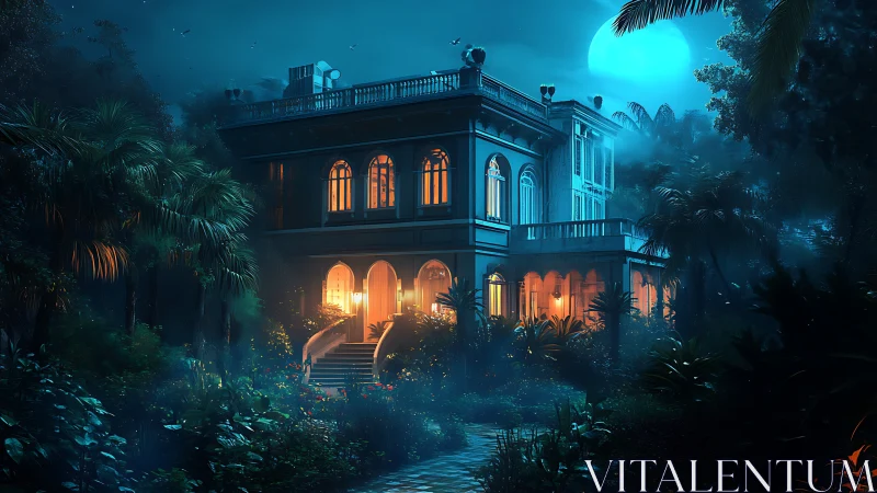 Moonlit mansion in dense tropical garden with warm lights