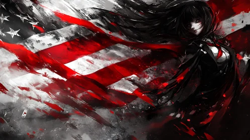 Dark-haired heroine merges with abstract US flag storm