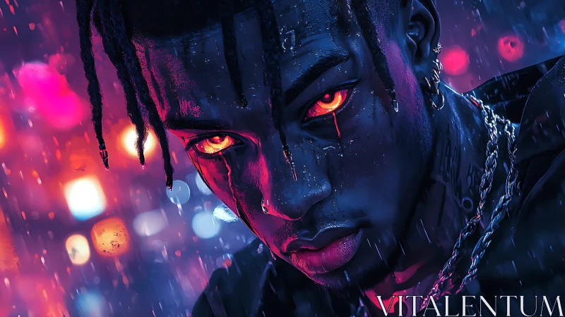 Digital portrait depicts figure with glowing eyes in rain