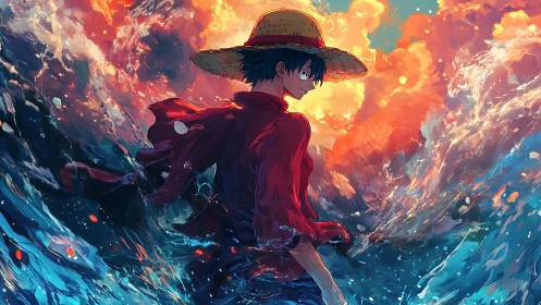 Straw-hatted figure stands amid stylized ocean and clouds