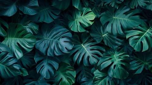 Overlapping dark green monstera foliage pattern.