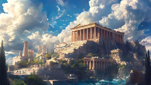 Sunlit Acropolis dreams rise beneath tempestuous skies.