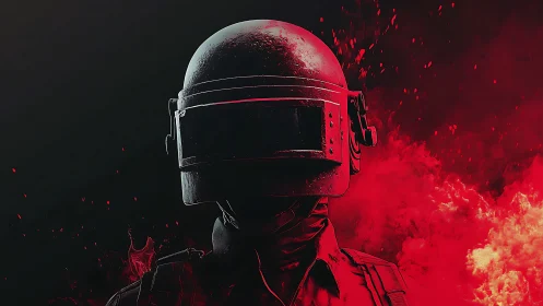 Crimson combatant stands in blazing digital inferno silence.