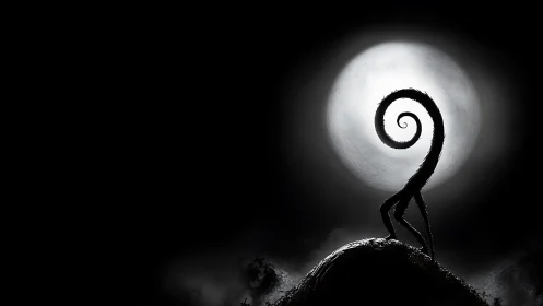Moonlit spiral hill curves upward in a dreamy gothic night