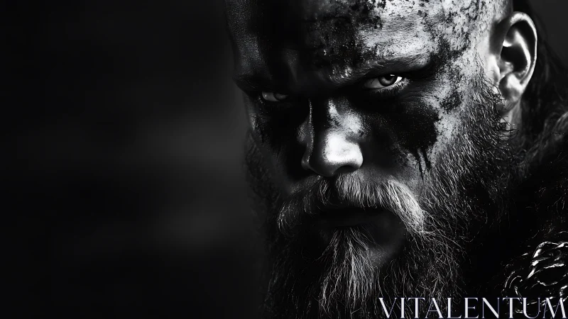 Monochrome close-up of battle-hardened warrior in hard light