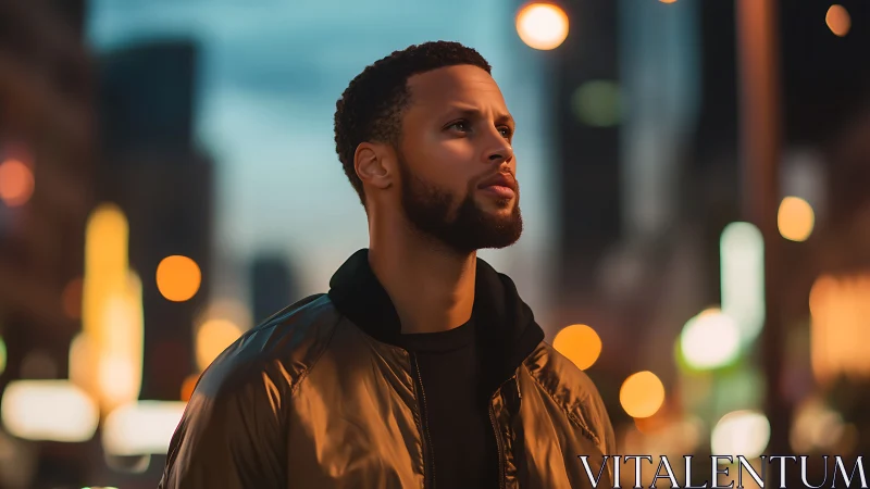 Man walks through blurred city lights during blue hour