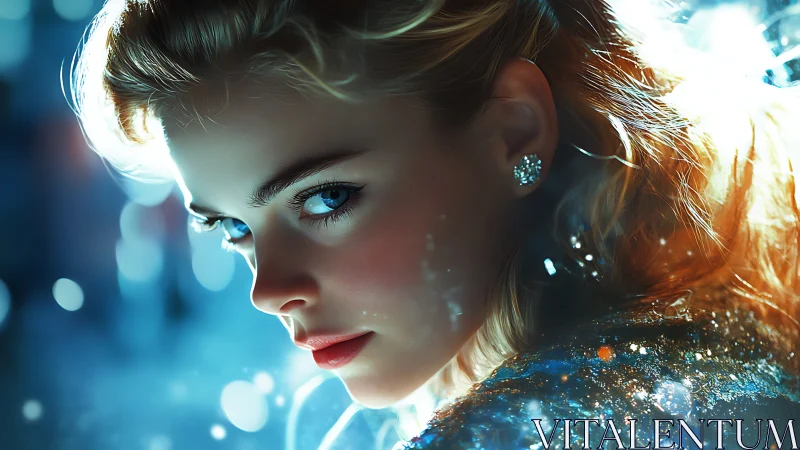 Close-up digital portrait of woman in cool blue light.