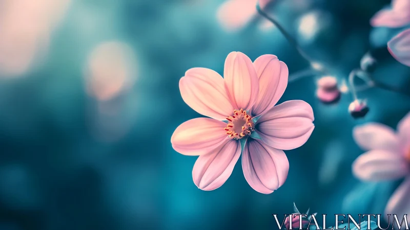 Pink Cosmos Flower with Gradient Blue Bokeh Background.