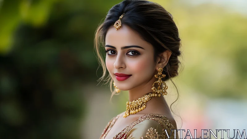 Bridal portrait showcases gold jewelry and soft daylight glow.