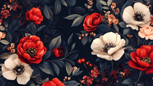 Dense floral arrangement shows red and white blossoms on navy