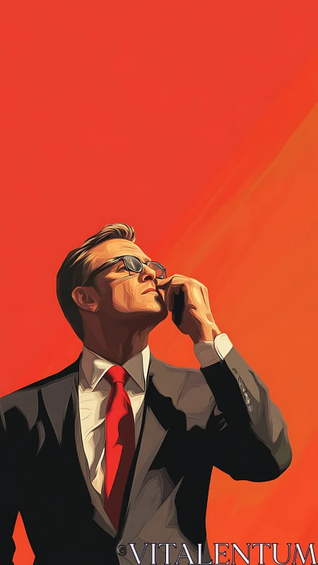 Corporate leader on phone under bold orange sky.