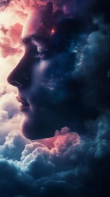 Human profile silhouette merges with glowing cosmic clouds