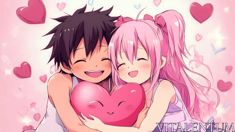 Smiling anime couple embraces stylized heart cushion together