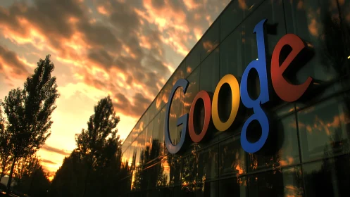 Google headquarters glass facade under dramatic sunset sky.