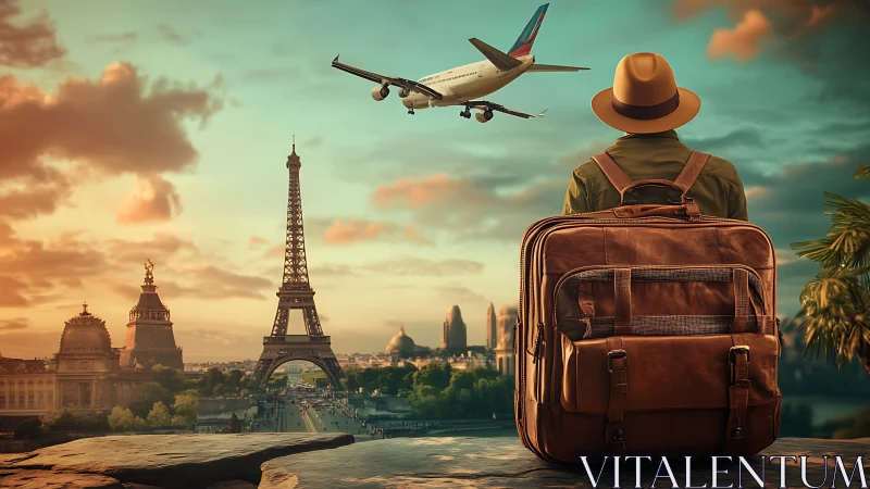 Backpacker overlooking Paris skyline with low flying airliner