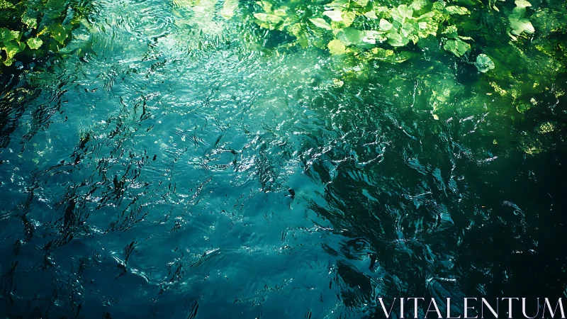 Surface patterns on clear water beside dense green foliage.