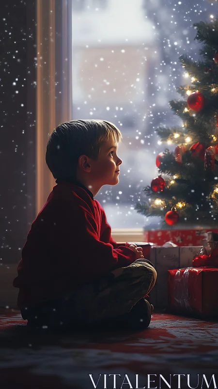 Child gazing at illuminated Christmas tree beside snowy window