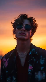 Young man in sunglasses against vivid sunset sky.