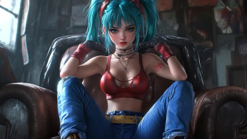 Rebel teal haired fighter lounges in a worn leather throne.