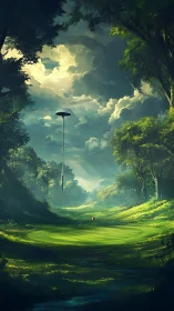 Luminous forest golf green beneath towering aerial beacon.