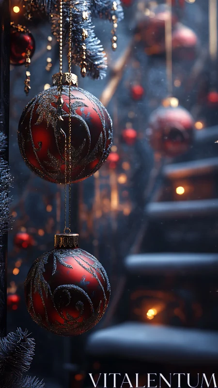 Crimson glass ornaments glow against snowy staircase bokeh.