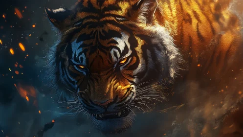 Volumetric-lit tiger head advances through embers and drifting smoke