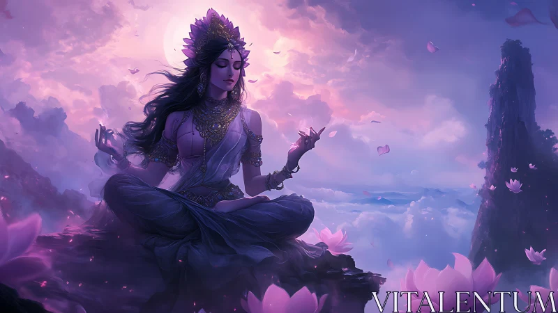Lotus-born goddess meditates in amethyst twilight skies.