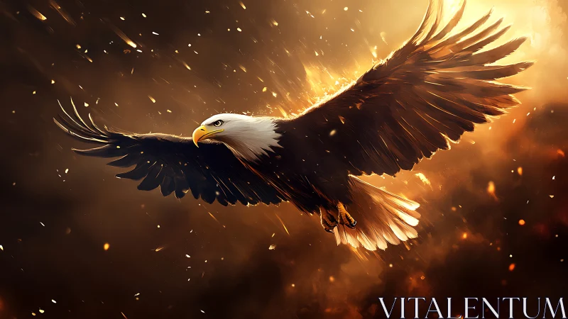 Majestic Bald Eagle in Flight Surrounded by Fiery Light, Digital Art.