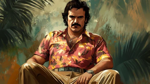Tropical shirted man in intense digital portrait pose.