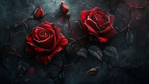 Crimson Roses Against Darkness: Digital Gothic Still Life.