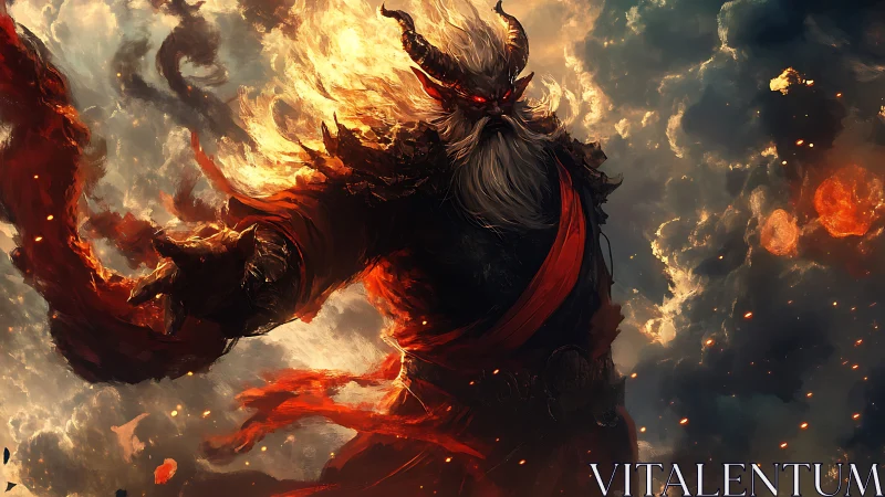 Horned humanoid figure stands amid fire and dense smoke