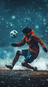 Winter footballer controls ball amid swirling snowfall storm.