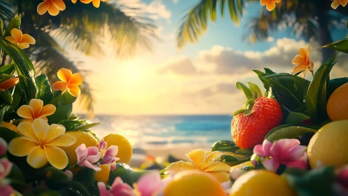 Sunlit tropical fruits and flowers welcome a dreamy beach day