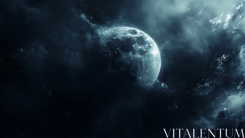 Luminous cratered moon in deep cyan nebular starfield void