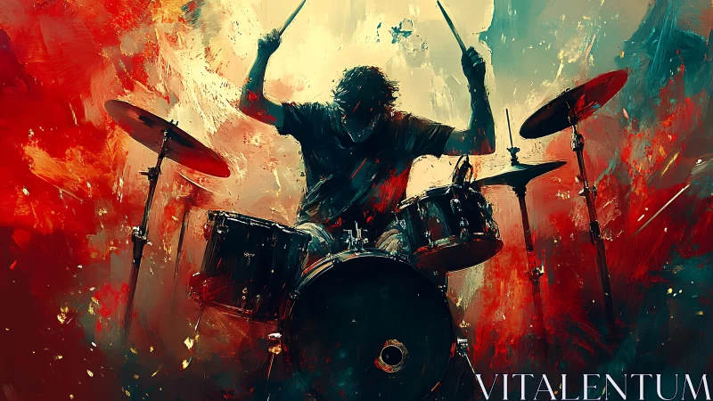 Silhouetted drummer pounds a fiery kit in explosive color frenzy
