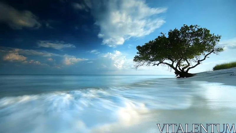 Long-exposure coastal scene isolates windswept tree on shoreline