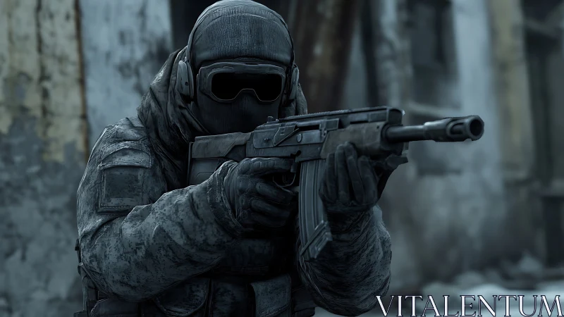 Frosted urban commando steadies aim in a ruined corridor