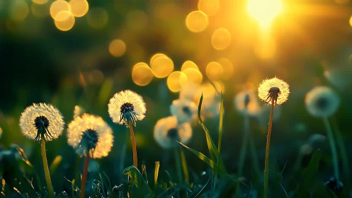 Dandelion seed heads stand backlit against intense sunset glow