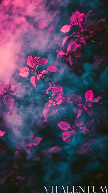 Neon pink foliage glows through teal misty forest haze