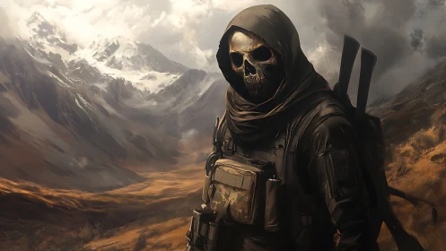 Tactical skull-masked operative in stormy alpine valley terrain