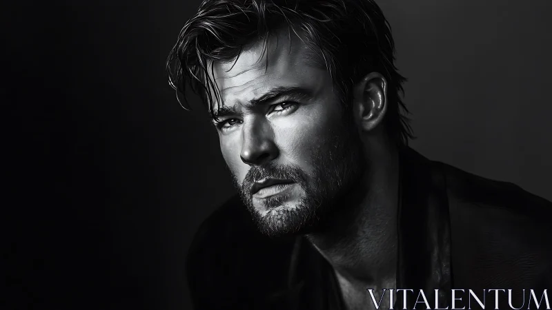 Brooding male portrait in dramatic monochrome lighting.