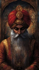 Regal bearded elder in ornate red turban and gold robes.
