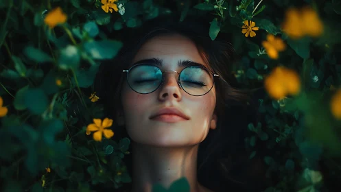 Close portrait of serene woman in glasses amid green foliage