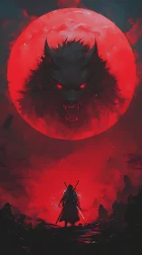 Lone swordsman beneath roaring blood moon wolf spirit.