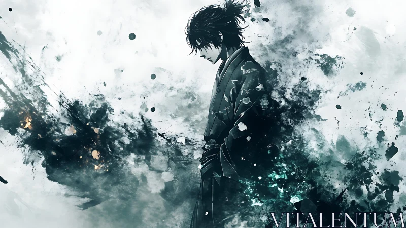 Solitary samurai stands within explosive ink storm.