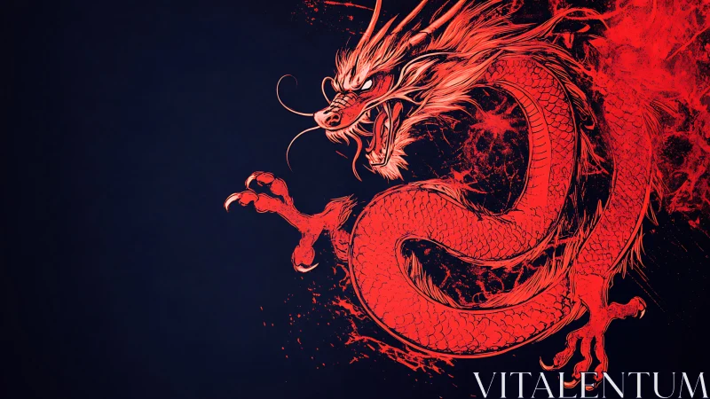 Digital painting of coiled red dragon on dark field, splatter edge.