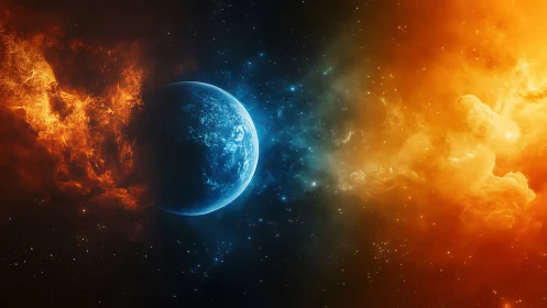 Bipolar exoplanet silhouette between cold blue and fiery nebula.