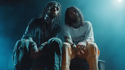 Low-angle portrait of two tattooed men under cinematic teal haze